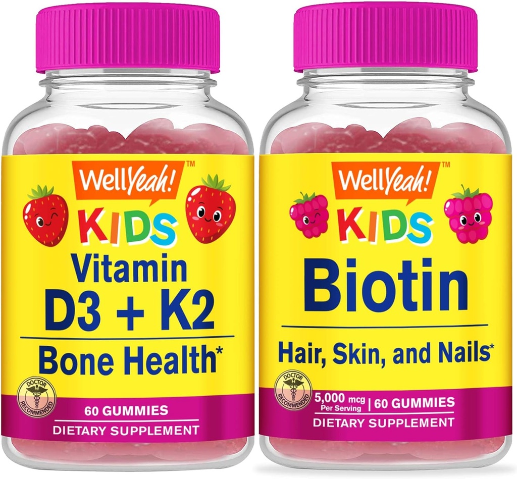 WellYeah 비타민 D3 + K2 키즈 + Biotin 키즈, Gummies 번들 - 훌륭한 타스팅, 비타민 보충, 글루텐 무료, GMO 무료, Chewable Gummy