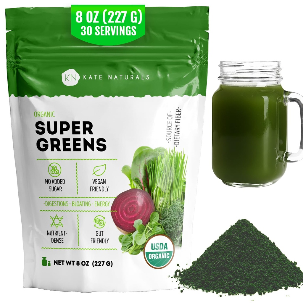Kate Naturals 유기농 슈퍼 그린 파우더. 데일리 그린 Superfood Blend with Probiotics & Fiber for Smoothies and Juice (30 서빙, 8oz, 자연)