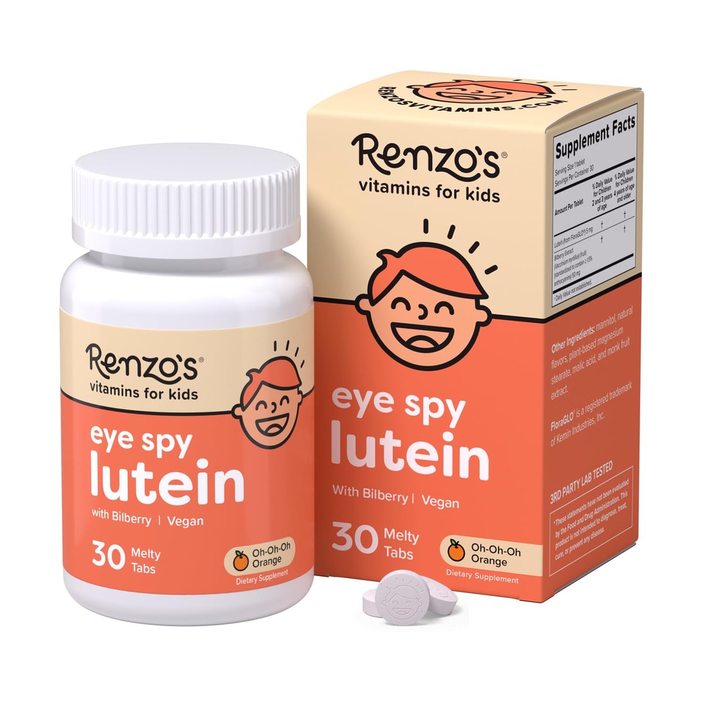 렌조의 눈 스파이 루테인 Bilberry Extract, Dissolvable Kids Vitamins for Eye Health, Sugar-Free Supplements, 30 Orange-Flavored Melty Tabs