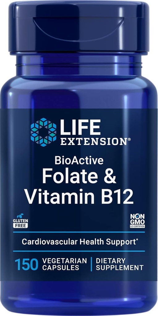 생명 연장 BioActive Folate & 비타민 B12, 150 채식 캡슐 - 비 GMO, 글루텐 무료 보충