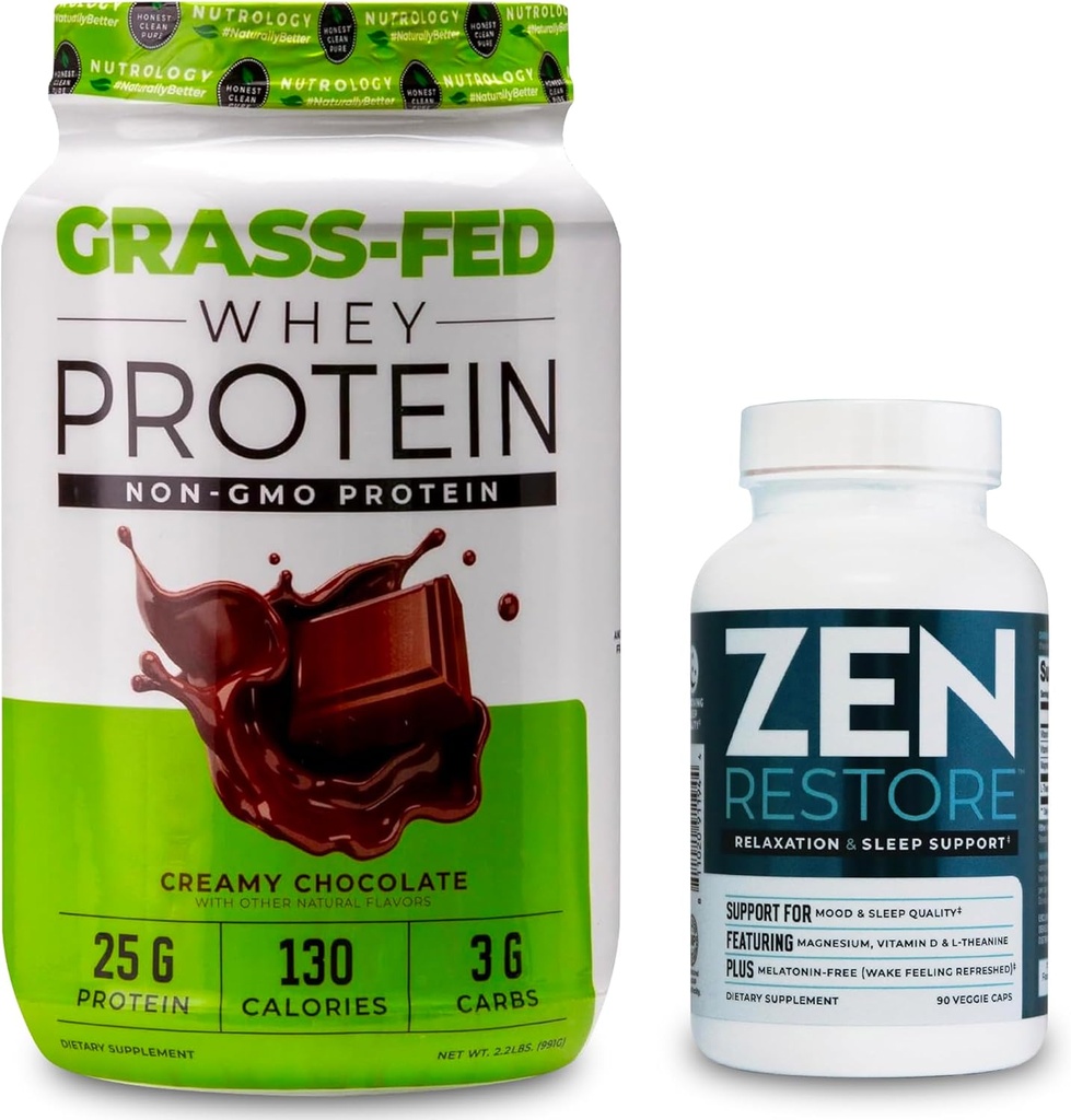 Nutrology Grass Fed Whey Protein Powder, Lean Muscle Recovery & Performance, 크림 초콜릿 맛 (28 인분) Zen 천연 마그네슘 보충 (30 인분)