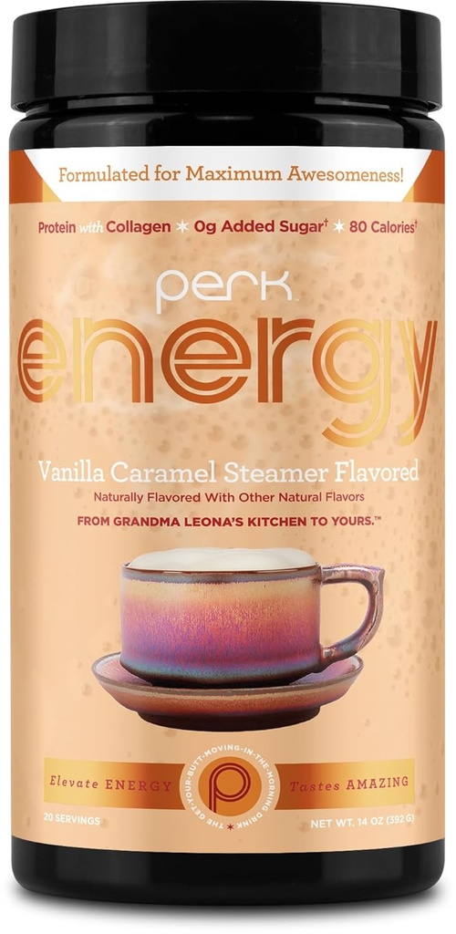 Perk Energy Original Vanilla Caramel Steamer 맛 음료 분말 (20 인분) - 글루텐 - 무료, 땅콩 - 무료