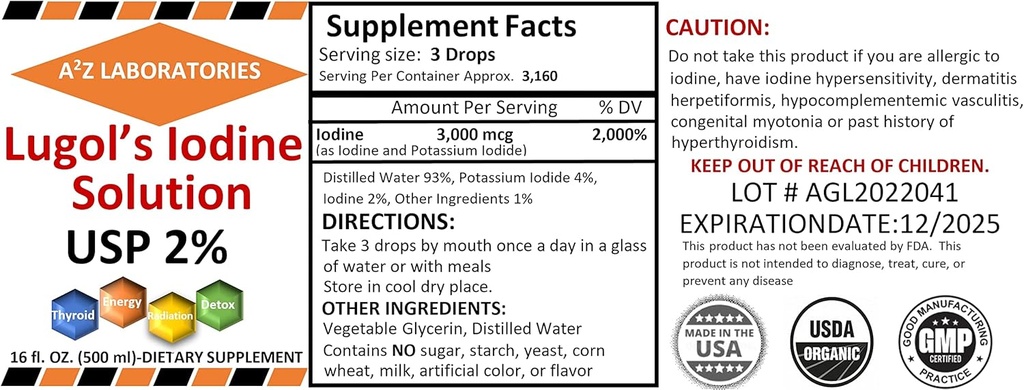 1x16 OZ 유기 Lugol의 Iodine와 칼륨 Iodide 2% 해결책 3000 mcg - 여성 & 남자를 위한 Thyroid 지원을 위한 액체 보충교재 하락, 대사 건강, Detox Boost -16 Fl Oz /Ships 오늘!