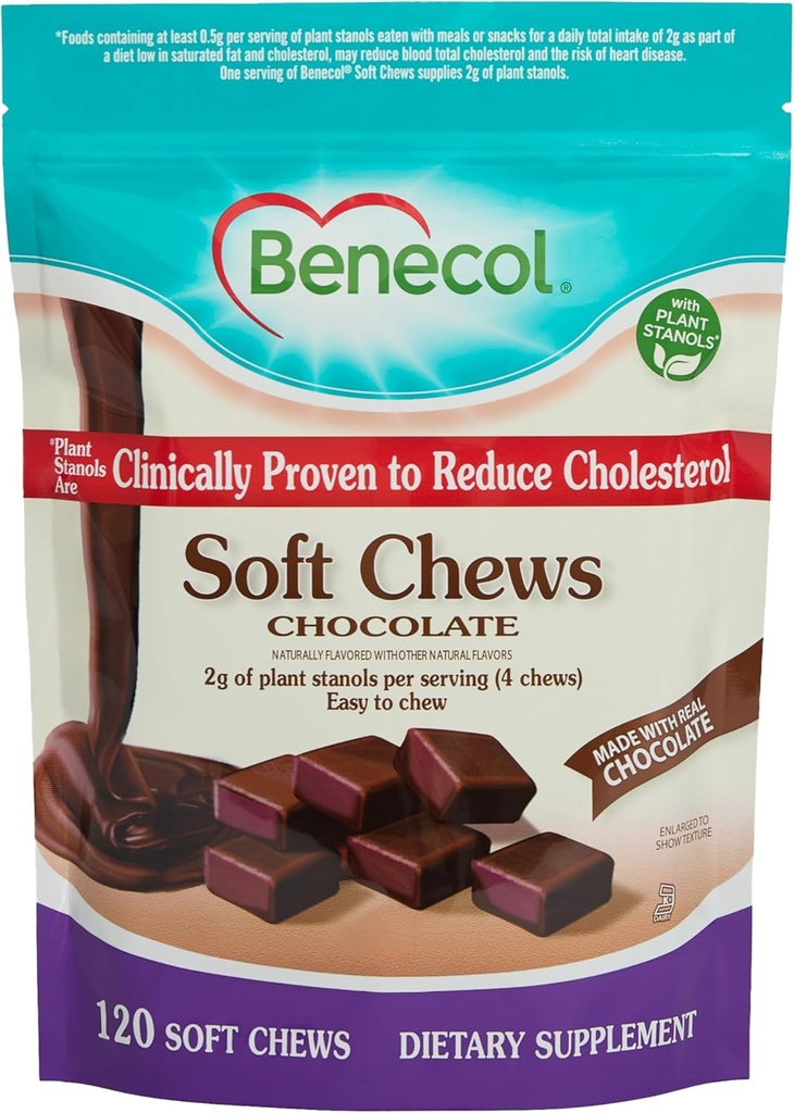 Benecol® Soft Chews - 임상적으로 입증 된 콜레스테롤 저하 공장 Stanols로 만든 - 콜레스테롤 관리 보충교재 (120 초콜릿 Chews)
