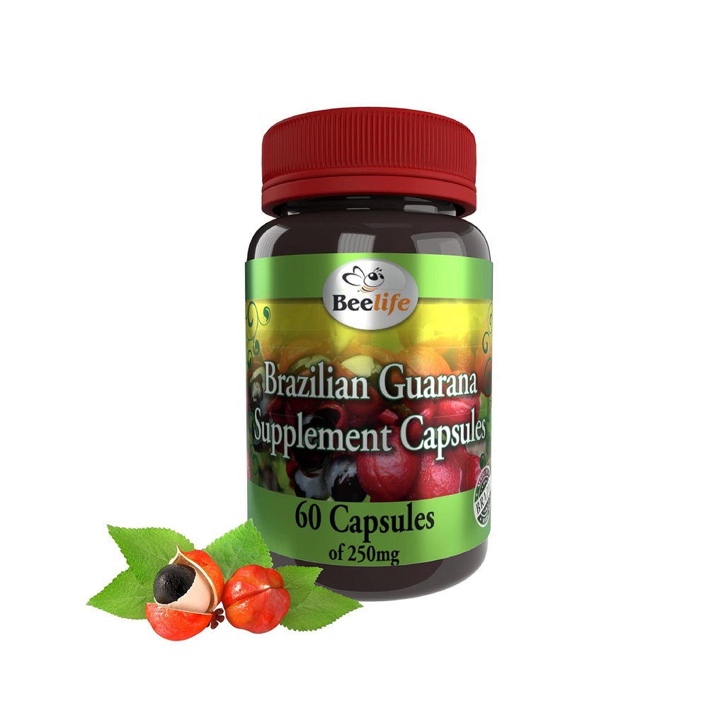 Beelife 브라질 Guarana 캡슐 - 브라질에서 자연 카페인 보충 교재 - 에너지 & 정신 초점, 근육 힘 지원 - 영 글루텐, 남자 & 여자를 위한 설탕 전 운동 없음 - 250mg 60 모자