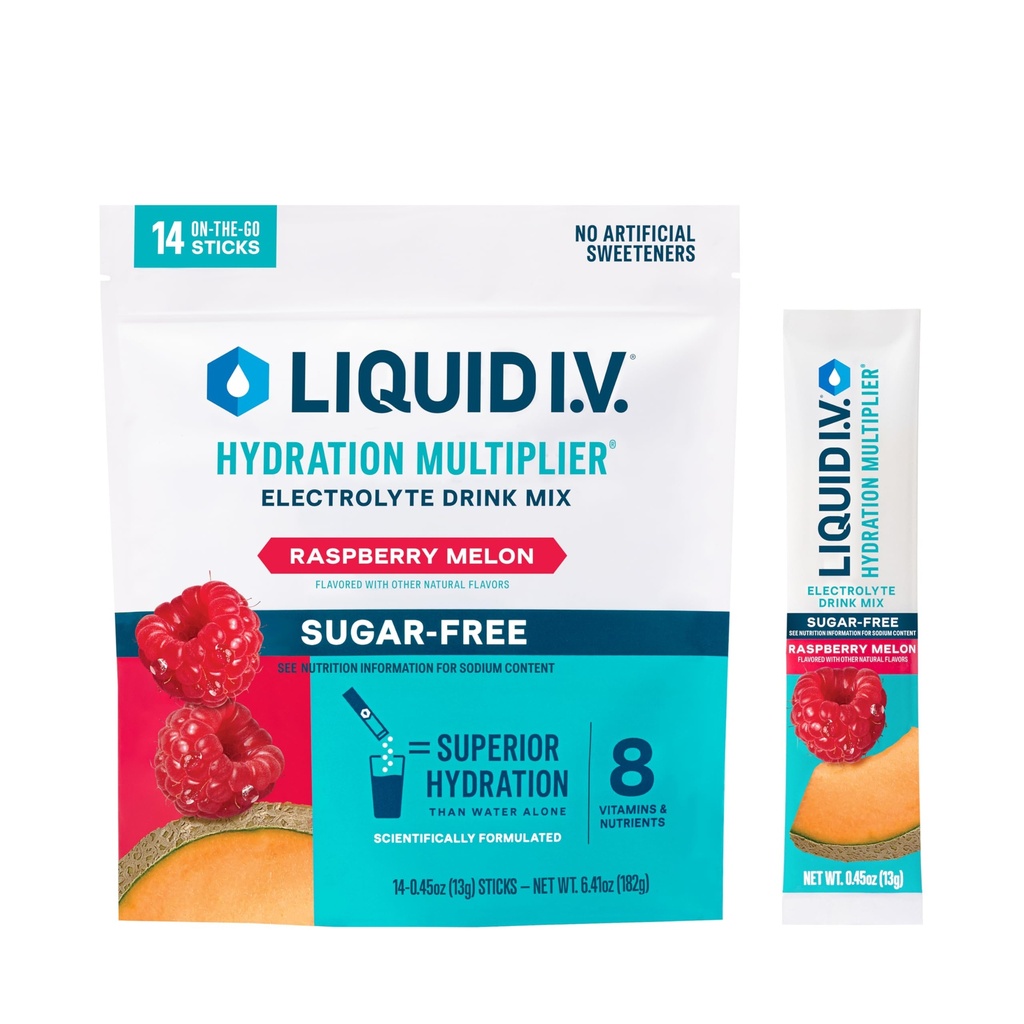 액체 I.V.® Hydration Multiplier Sugar-Free - 라즈베리 멜론 | 전자 분말 음료 믹스 | 1 팩 (14 인분)
