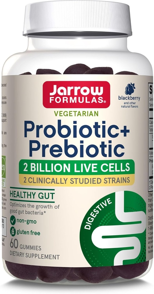 Jarrow Formulas Probiotic+ Prebiotic Dietary Supplement, 소화 건강, Gut Flora+Immune 건강 - 2 억 CFU - 2 임상적으로 Studied Strains - 60 구미 - 블랙 베리 맛
