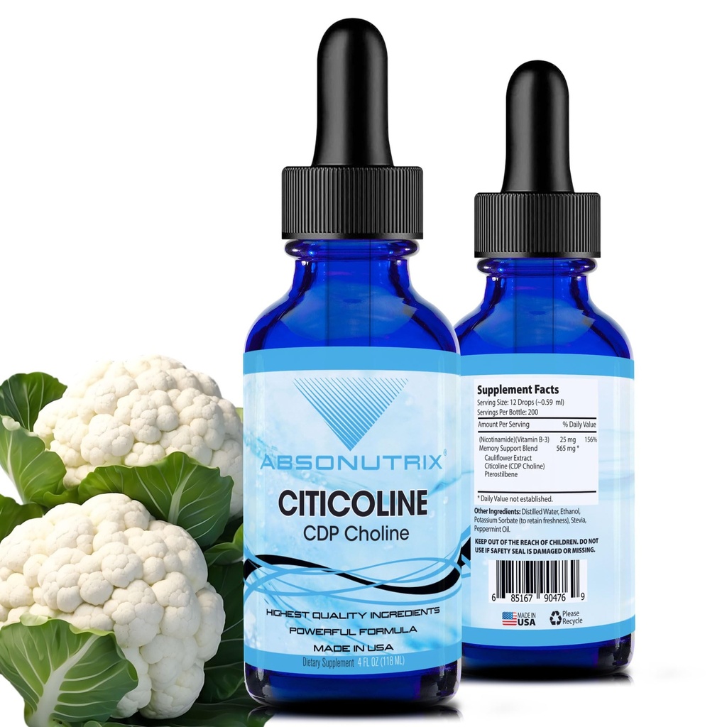 Absonutrix Citicoline 590 mg, 4 Oz 병, 200 서빙, 미국에서 만든, 빠른 흡수, 품질 Potent 성분, 비 GMO, GMP 인증, Cruelty-Free 제품