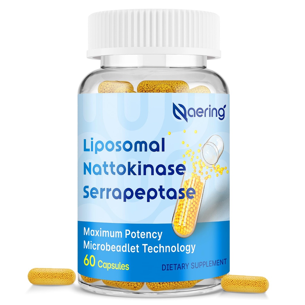 Liposomal Nattokinase 12,000 FU Serrapeptase 360,000 SPU Enzyme 보충교재 - Synergistic 효소 및 영양 혼합 & Inulin, Gut, Digestion 60 캡슐 (1 병)