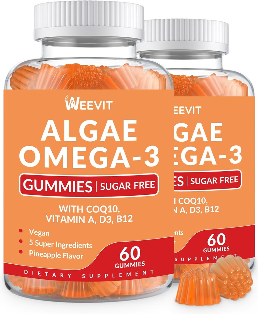 Vegan Omega 3 Gummies, 조류 Omega-3 보충교재 DHA 240mg, EPA 110mg w/Vitamin B12, CoQ10의 성인을 위한 물고기 기름 대안 - 두뇌, 뼈, 눈 & 면제 지원