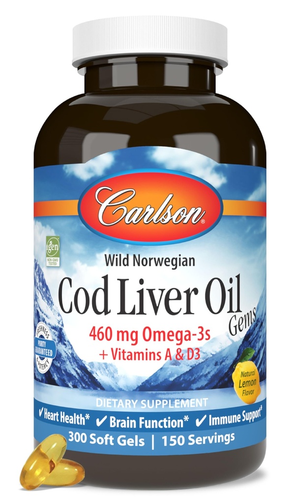 Carlson - Cod Liver Oil, 460 mg Omega-3s + Vitamins A & D3, Wild-Caught Norwegian Arctic Cod-Liver Oil, Sustainably Sourced Nordic Fish Oil 캡슐, 레몬, 300 Softgels