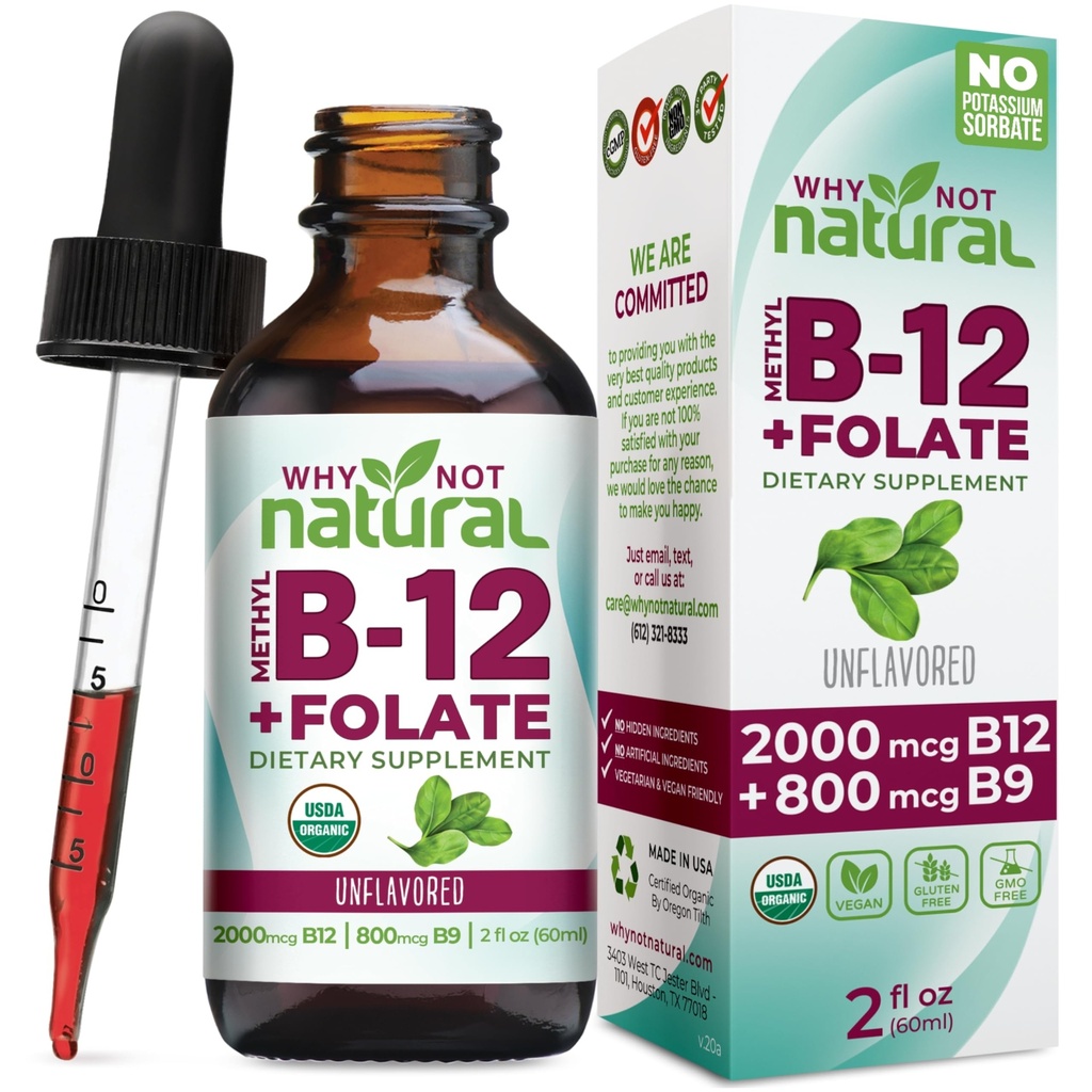 왜 자연 비타민 B12 액체 플러스 Folate - 유기 하위 언어 여분 힘 Vegan 하락 - Folinic를 가진 메틸 보충교재