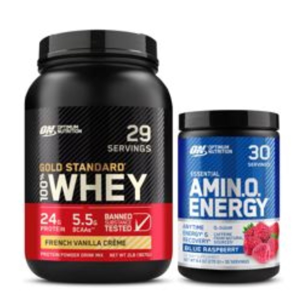 최적 영양 역학 듀오 번들 : 아미노산 에너지, 블루 라즈베리 (30 인분) 및 골드 표준 100 % Whey Protein Powder, 프랑스 바닐라 크림 (29 인분)