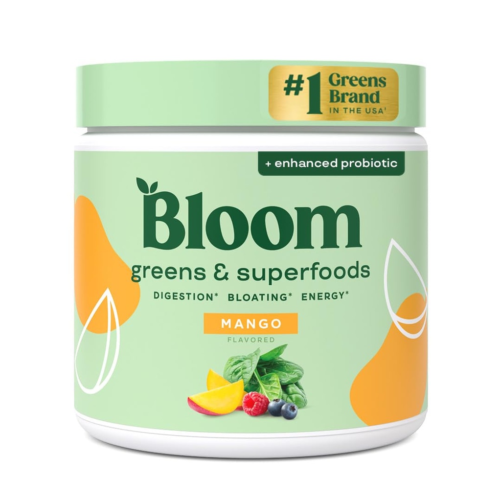 Bloom Nutrition Superfood Greens Powder, Probiotics 및 Prebiotics, Gut Health, 여성용 Bloating Relief, Chlorella, Beet Root Powder, 30 SVG, Mango와 녹색 주스 혼합