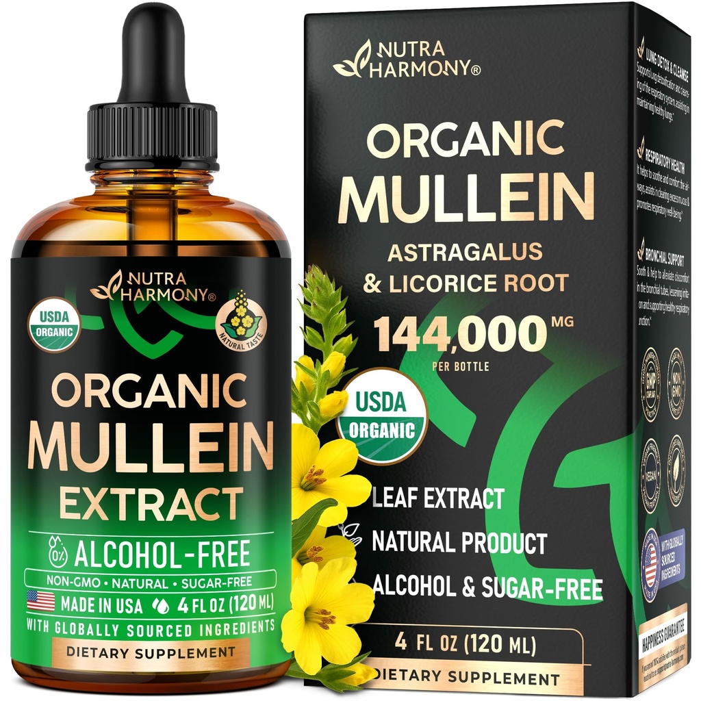 Mullein Drops for Lungs - USDA Organic Liquid - Mullein Leaf Extract Supplement - 미국에서 제조 - 흡연자를위한 Lung & Bronchial Cleanse - 호흡 건강 지원 - Tincture, Tea, Pills - 4 fl oz