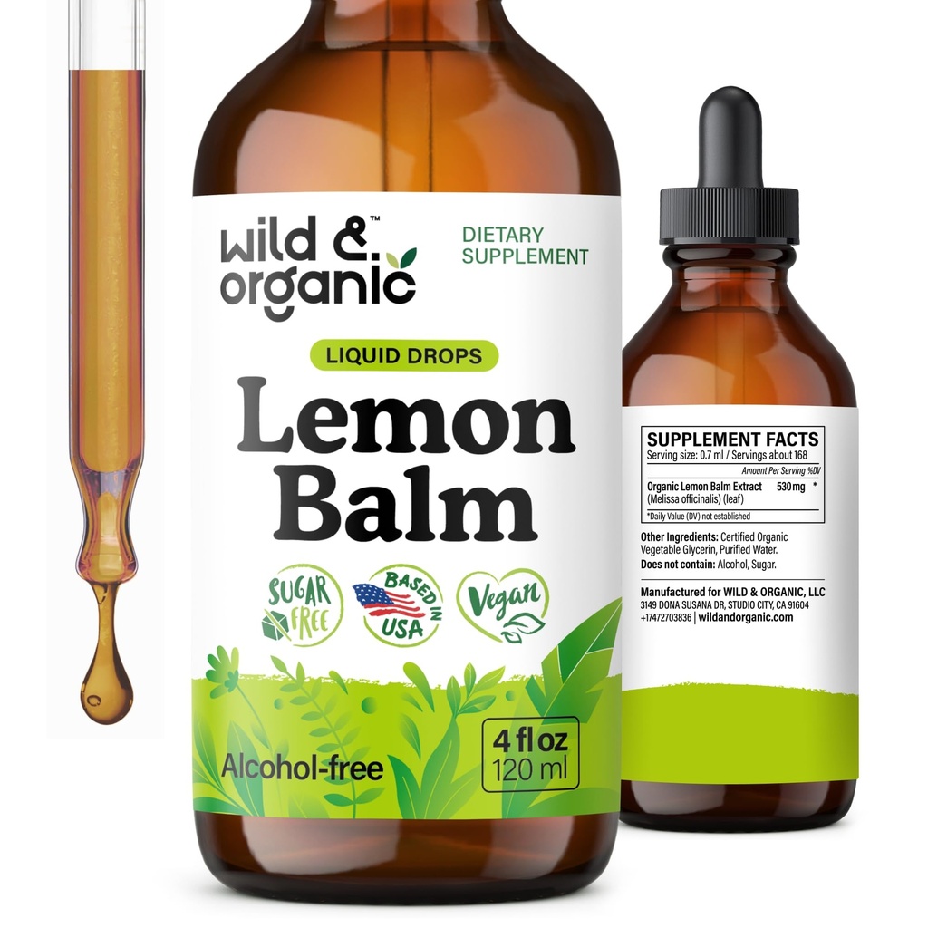 Wild & Organic Lemon Balm Tincture - Mood Support Supplement - 멜리사 레몬 발름 잎 추출물 드롭 - 채식주의자, 설탕 및 알코올 - 무료 Calming 보충 - 4 fl oz