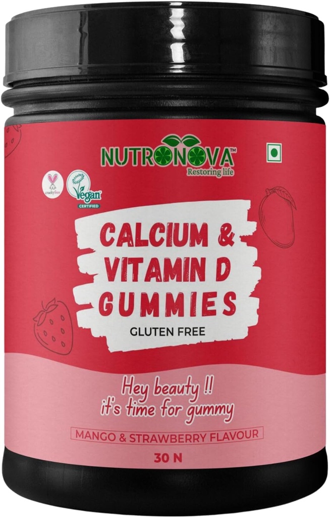 일반 Rise. 여성용 칼슘 & 비타민 D Vegan Gummies (30 Chewables gummies, Mango & Strawberry Flavour) 비타민 D 200IU 및 강한 치아와 뼈, Nautral을 위한 칼슘
