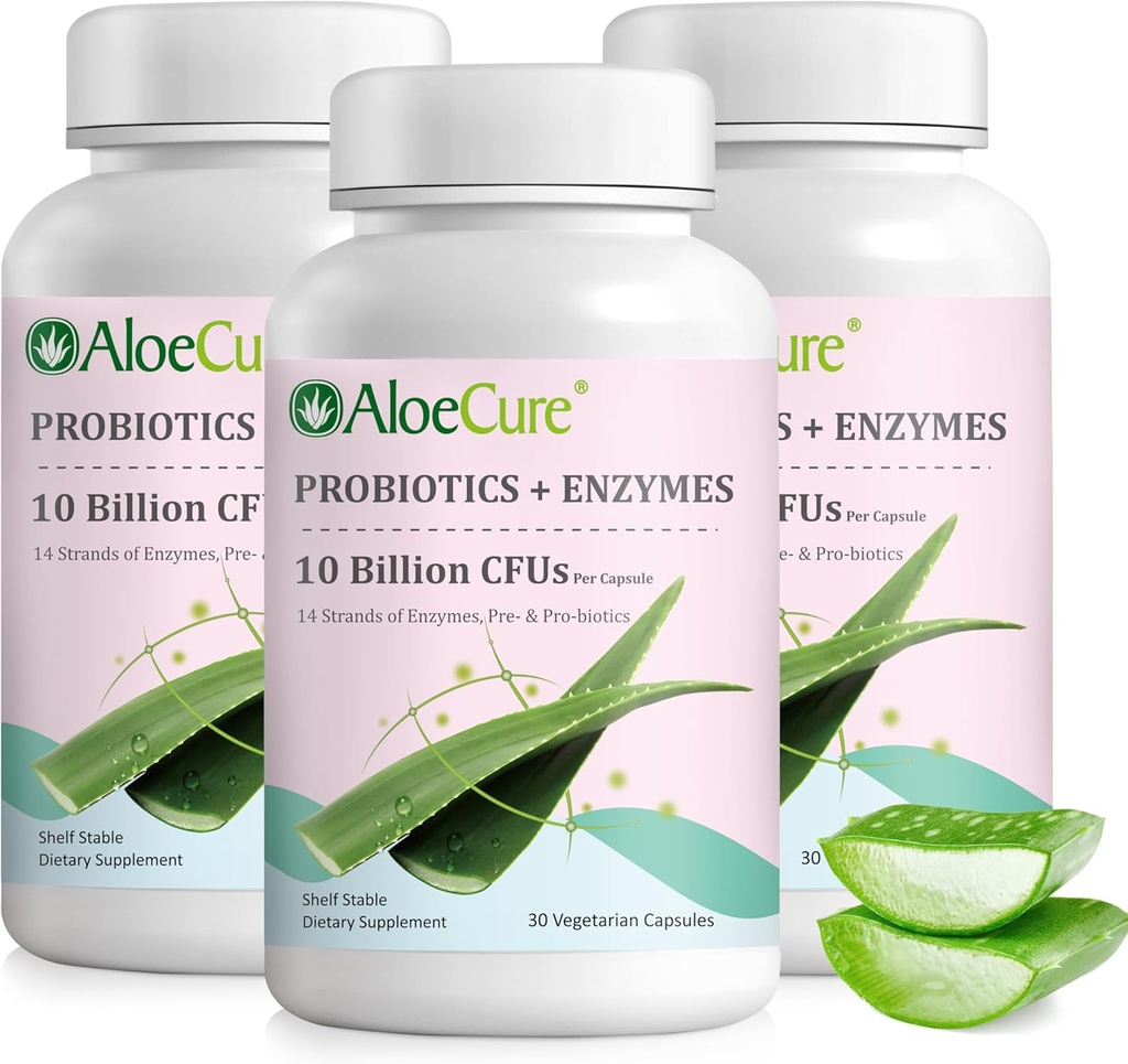 AloeCure 매일 Probiotics 10 억 CFU 소화 지원 8 Strains, 6 Prebiotics & Enzymes - 여성 및 남성을위한 Bromelain과 소화 보충 - Gut 지원, 소화 완화, 30 캡 x 3btls