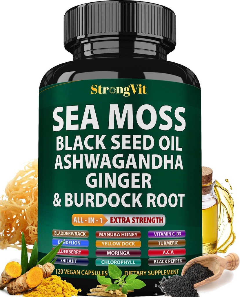 Sea Moss Black Seed Oil Ashwagandha Ginger, Burdock Root, Bladderwrack, Turmeric, Shilajit, Multimineral Supplement, USA (120 캡슐)와 유기 바다 모스 캡슐