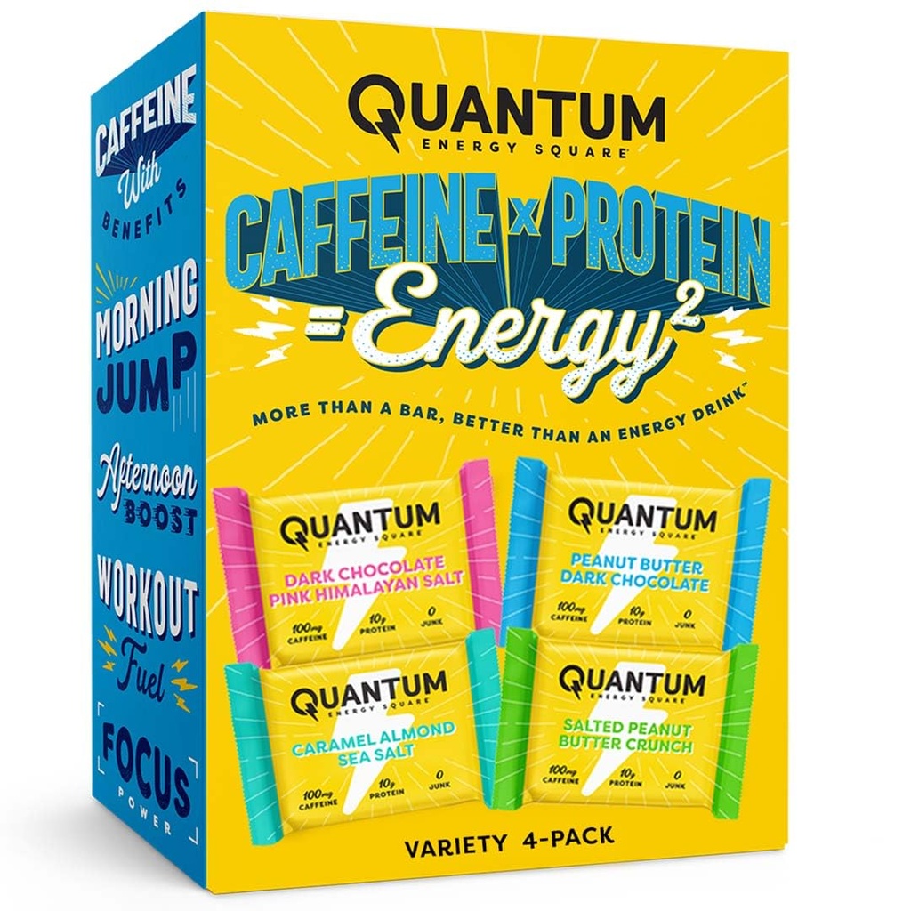 Quantum Energy Square - Caffeine & 10g Protein, Go - Vegan, Gluten-Free, Soy & Dairy-Free와 에너지 바 - 다양성 4-Pack