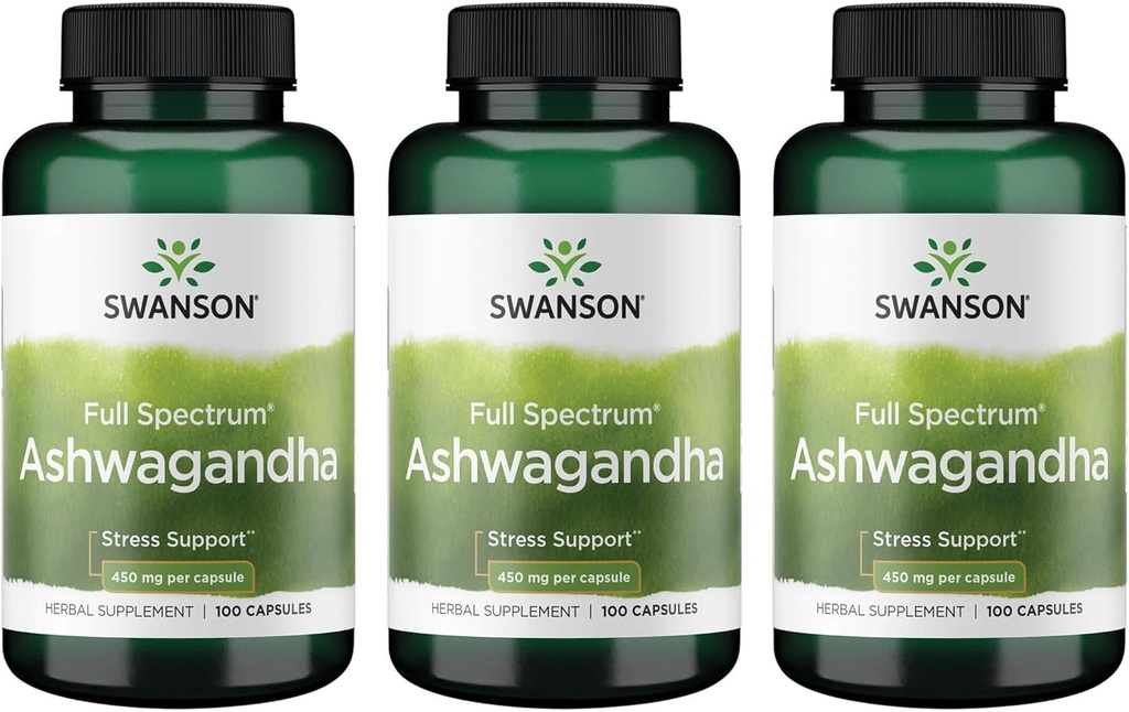 Swanson Ashwagandha 분말 보충교재 Ashwagandha 뿌리는 긴장 기복 & 에너지 지원 Ayurvedic 보충교재 자연적인 웰니스 (100 캡슐, 450mg 각각) 3 팩을 승진시킵니다