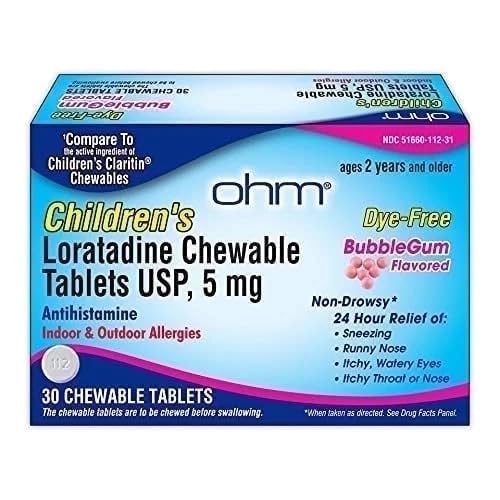 Ohm Children's Loratadine Chewable, 염료 무료, Bubblegum, Sneezing, Runny Nose, Watery Eyes, Itchy Throat 또는 Nose, Antihistamine, 실내 및 실외 알레르기, 5mg, 30 정제의 비 Drowsy 24h 구호