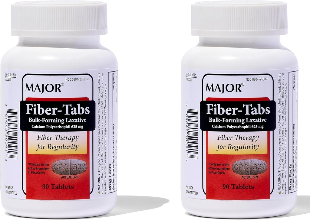 MAJOR Fiber-Tabs 625 Mg Tablets - 일반용 섬유 치료 - 성인용 Occasional 변비 완화 - 90 Count (2 Pack)