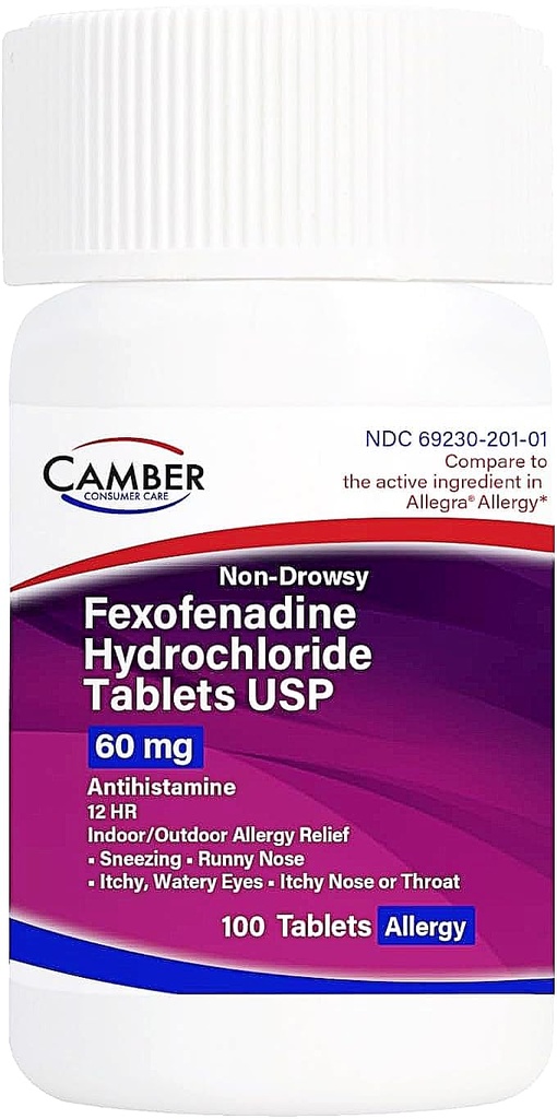 Camber 비 Drowsy Fexofenadine 항히스타민 실내 옥외 알레르기 기복은 60Mg 100 조사를 메모장에 기입합니다