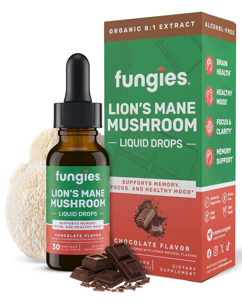 Fungies Lion's Mane Mushroom Liquid Drops, Chocolate - Lions Mane Extract와 Tincture는 Brain Fog, Focus, Memory & Healthy Mood - Mushroom Complex Supplement for Adults - 30 서빙을 지원합니다.