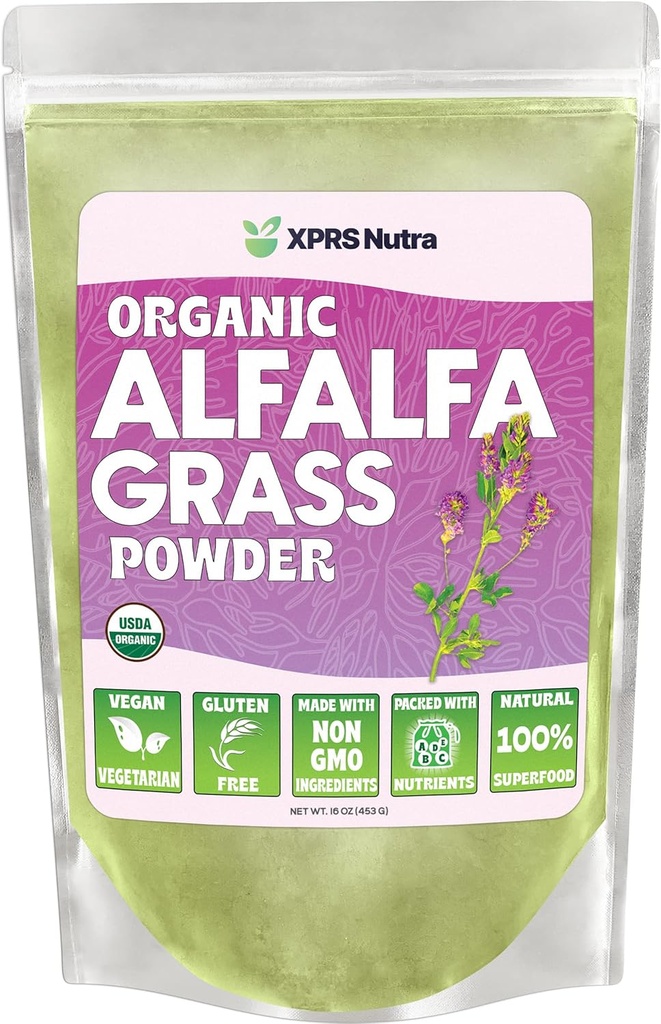XPRS Nutra 유기 Alfalfa 분말 - 칼슘, 산화 방지제, 비타민 - 어린이와 성인을위한 농부 보충 - Vegan Friendly Alfalfa 리프 (16 Ounce)