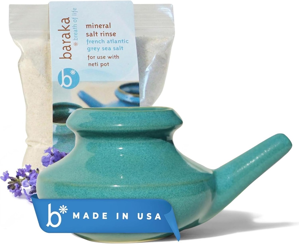 Baraka Neti Pot Tool Kit - Snoring & Saline Solution, 2oz Mineral Sea Salt의 Handcrafted Ceramic Dishwasher Safe with Nose Cleaning & Sinus Rinse Perfect for Allergy Relief in Adults & Kids (제이드)