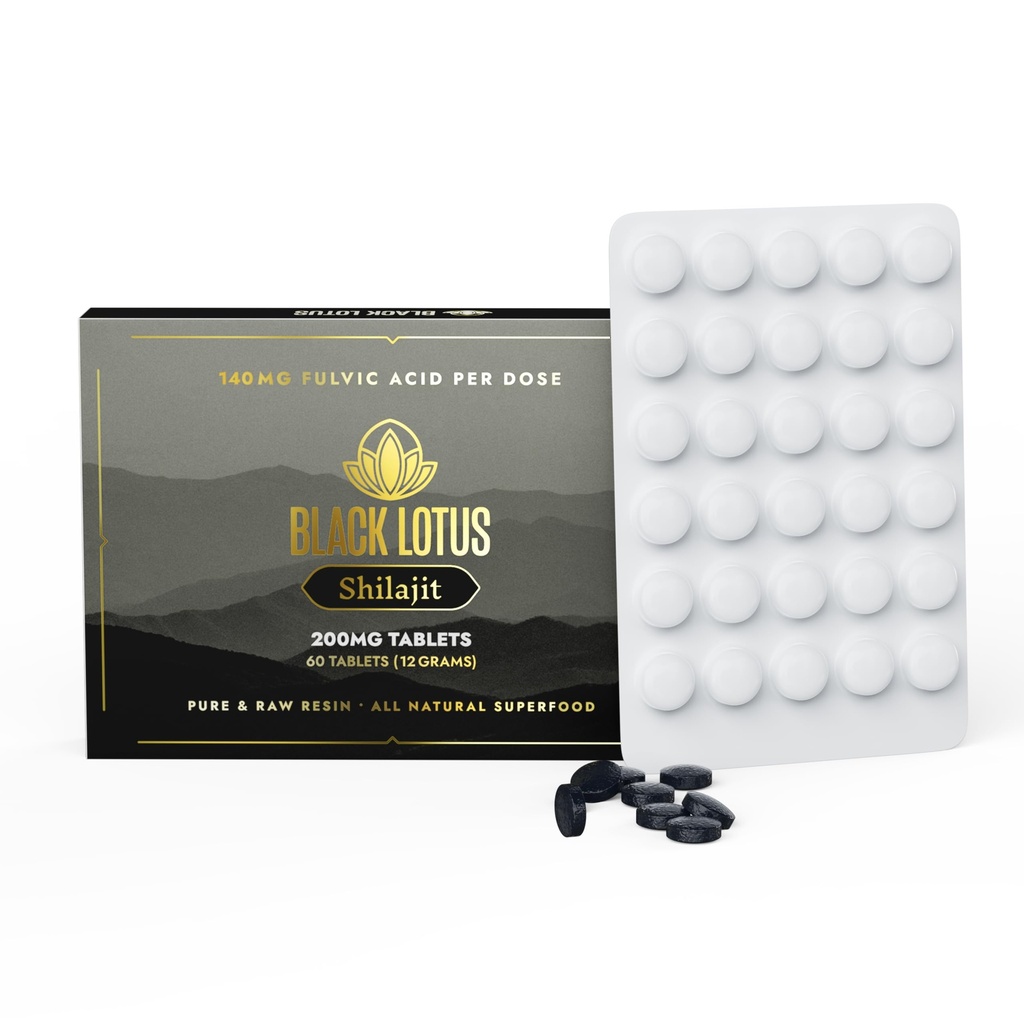 까만 Lotus Shilajit 수지 정제, 60 조사, 200mg 각각, Amino 산을 가진 남자 & 여자를 위한 100% 순수한 자연적인 Shilajit, 140mg Fulvic 산, Immune 지원을 위한 85 Ionic Trace 무기물, 초점, 에너지