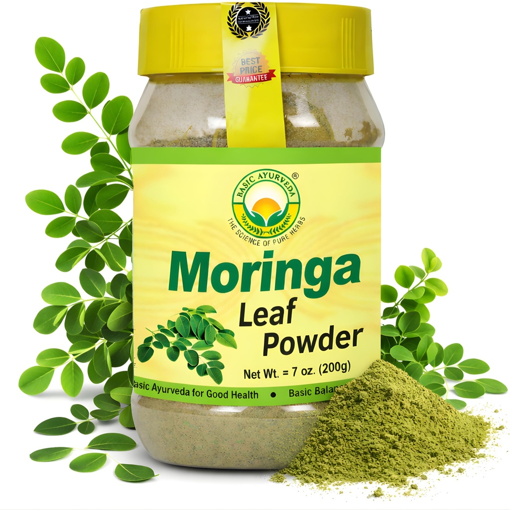 BASIC AYURVEDA Moringa 잎 분말 - 7.05 Oz (200g) | 정밀한 녹색 슈퍼 푸드 분말 | 항산화 리치, 비건 & 글루텐 프리 | 스무디, 차, 주스 및 요리를위한 순수한 건조 된 Moringa