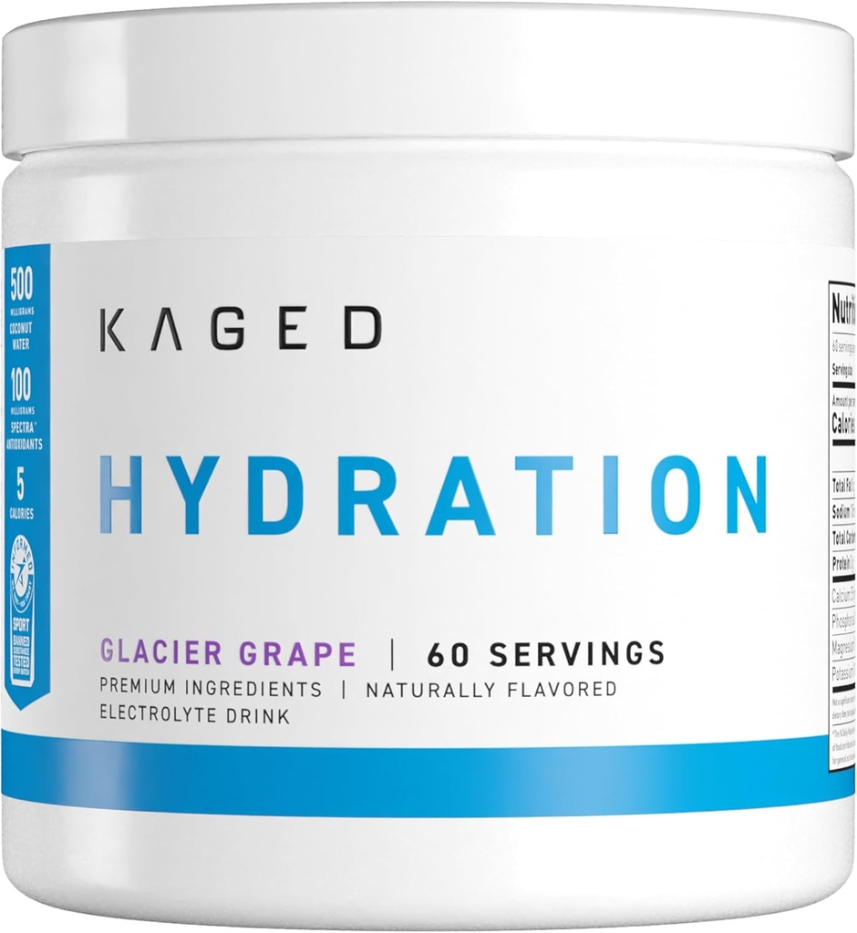 Kaged Hydration Electrolytes Powder | Glacier Grape | Hydra-Charge Sports Drink Mix | Pre, Post, Intra Workout | Low Carb, Vegan, Gluten Free | 남성용 보충제 | 60 인분