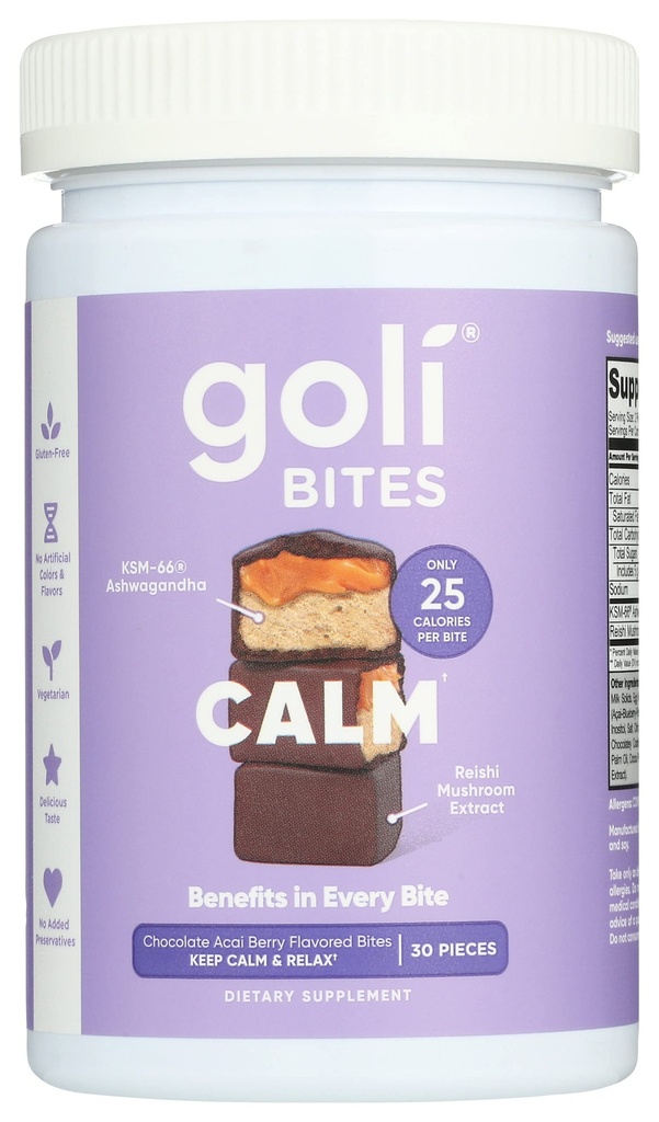 Goli Nutrition Calm Ashwagandha Bites Chocolate Acai Berry 맛, Caffeinated, 채식, 글루텐 무료 및 추가 보존제 없음, 30 조각 (팩 1)