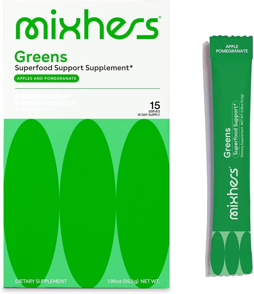 MIXHERS Hergreens - Greens & Veggie Powder - 소화 효소 및 칼로 만든 - 여성을 위해 설계된 영양 - 지원 하트 & 라이브 - 15 음료 패킷 - Apples & Pomegranate