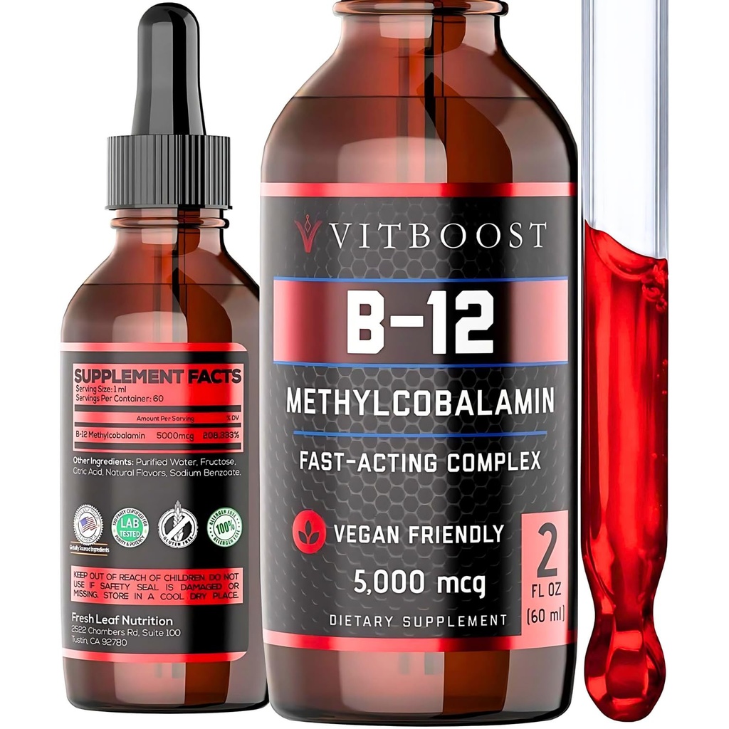 Vegan Liquid B-12 Drops – 60 x 5000 mcg 추가 강도 라즈베리 맛 비타민 B12 액체 Methylcobalamin 하위 언어 보충 | 흡수 및 에너지를 극대화하도록 설계된 | 글루텐 프리