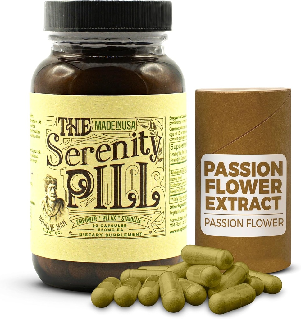 Serenity Pill 60 Caps - 유기농 무드 알약 및 안티 스트레스 보충 w / Ashwagandha 뿌리 추출물, 열정 꽃 추출물, Nutmeg 및 녹차 추출물 - 스트레스를위한 자연 열정 꽃 보충