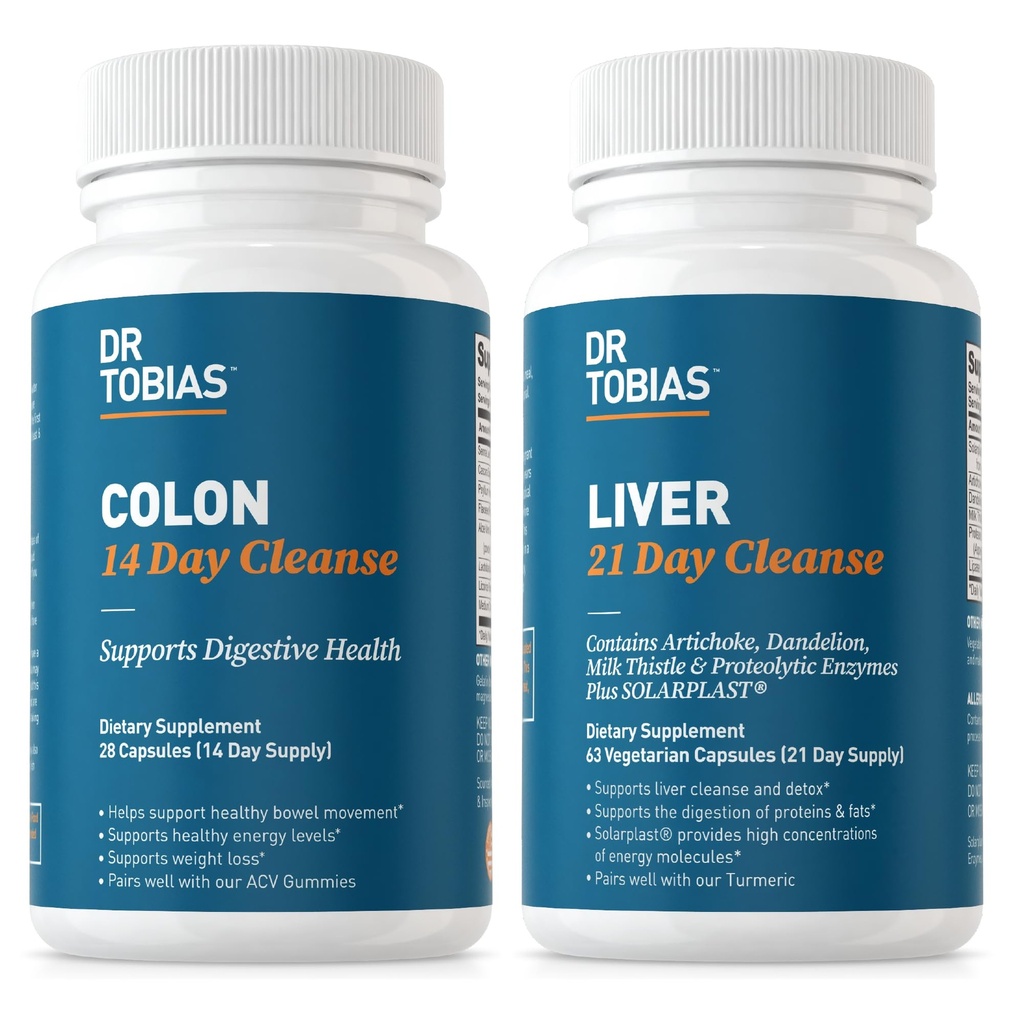 Tobias Colon 14 Day Cleanse & Liver 21 Day Cleanse 보조 식품, 섬유, 허브 및 프로바이오틱스, 태양성형, Artichoke, 우유 이틀, Gut 및 Liver 건강 지원.