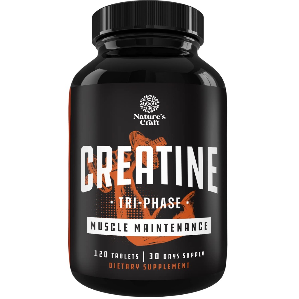 Natures Craft High Strength Tri Phase Creatine Tablets for Women & Men - Creatine Monohydrate, 300mg HCL 및 Pyruvate 보충교재의 공식 혼합 - 근육 질량 이익 & 회복 보충교재 - 120의 정제