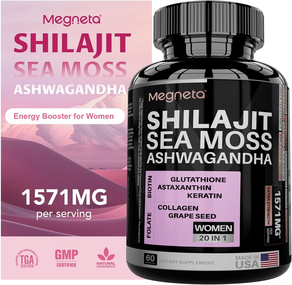 올인원 Sea Moss, Shilajit, Ashwagandha & Glutathione 여성용 보충, 부스트 에너지, 60 캡슐