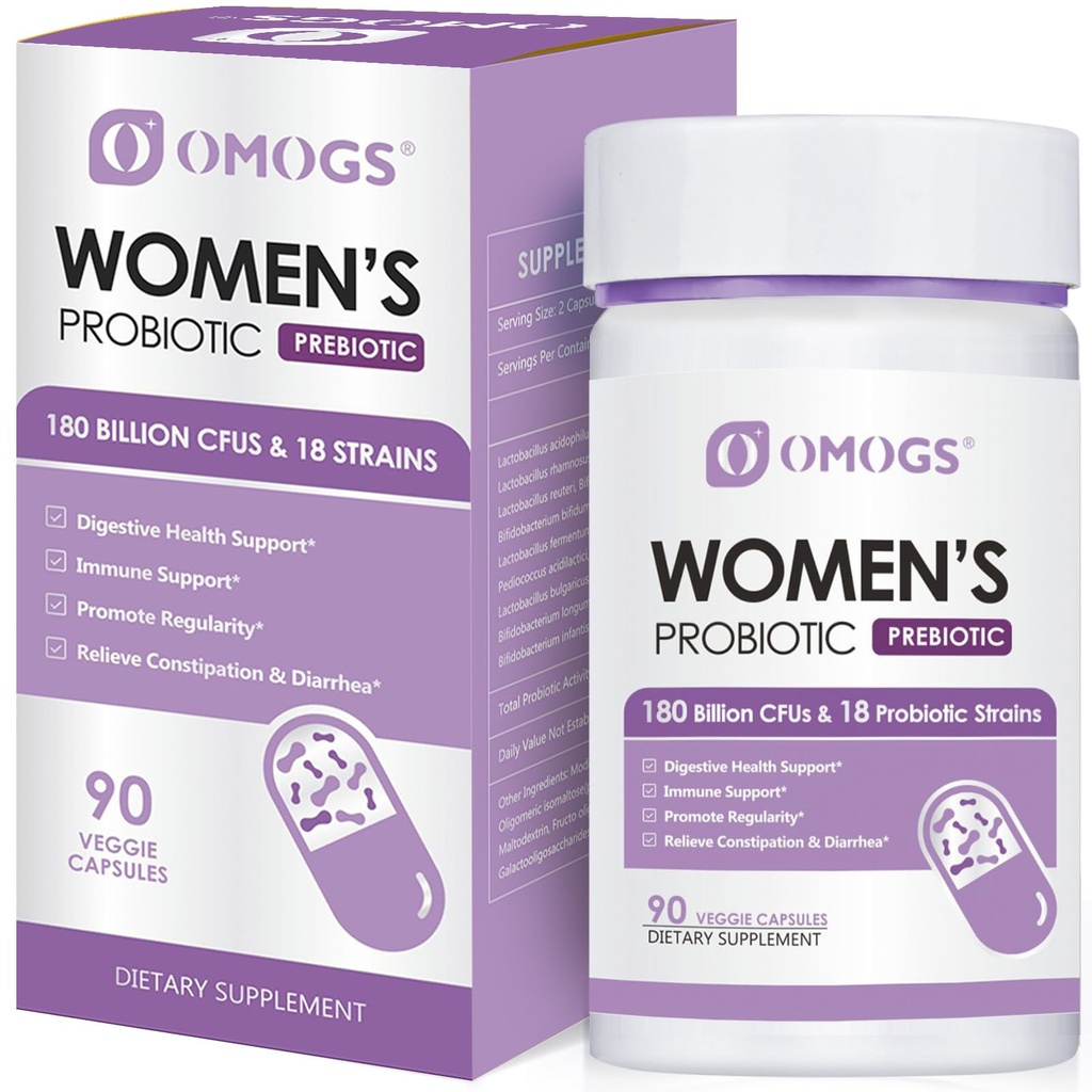 OMOGS Women's Probiotic 180 Billion CFUs 18 Strains, 유기 Prebiotics, Cranberry Extract, D-Mannose & Digestive Enzymes, Digestive, Boost Immune, PH Balance & Urethral Health, 90 캡슐
