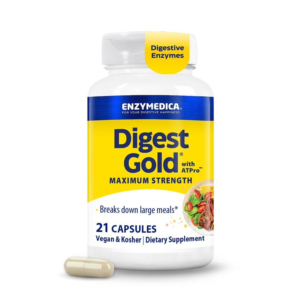 Enzymedica Digest Gold + ATPro, 최대 강도 효소 포뮬러, Bloating 및 가스 방지, Amylase, Protease, Lipase 및 Lactase, 21 캡슐 (FFP) 포함 14 키 효소