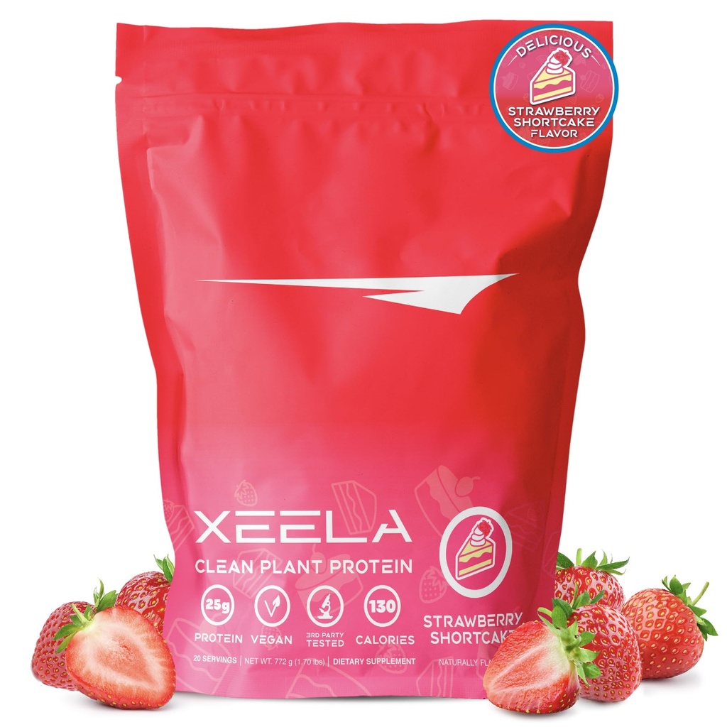XEELA 식물 기반 채식 단백질 분말 - 독립적으로 테스트 - 25g 높은 단백질, 남성 및 여성을위한 완두 단백질 - 비타민 및 미네랄, 비 GMO, 낙농 및 글루텐 무료, LowCarb & LowFat (Strawberry Cake)