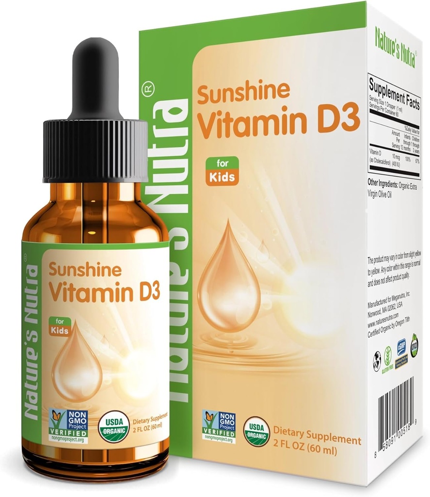 Nature's Nutra Sunshine Vitamin D3 400IU, 2 Fl. Oz (60ml), 프리미엄 베이비 및 유아 액체 드롭, 유아 어린이 멀티 비타민 보충, 비 GMO, 식물 추출물
