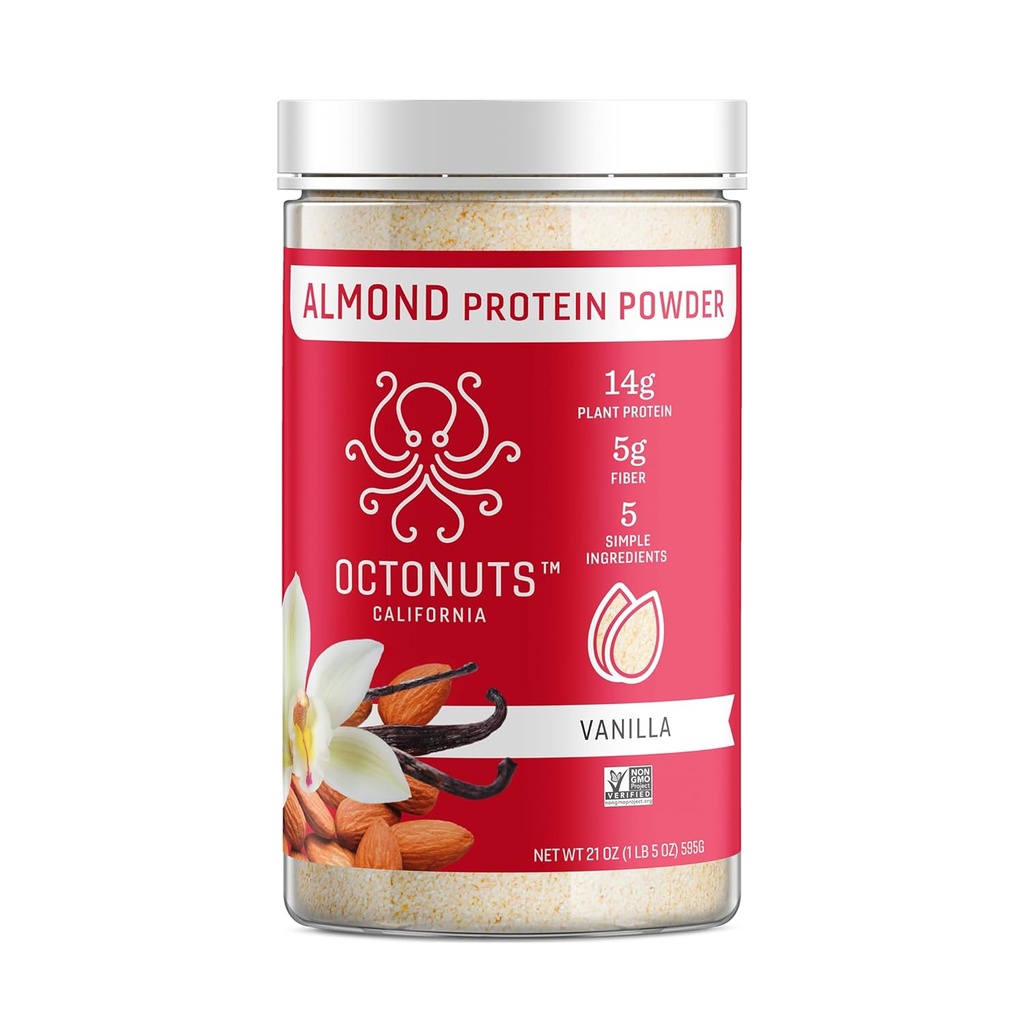 Octonuts 바닐라 알몬드 단백질 분말 21oz – 식물 기반 Vegan Protein – 14g Protein, 5g Fiber – Keto, Paleo, Gluten Free, Non-Dairy – Shakes, Smoothies 또는 Baking에 이상적입니다.