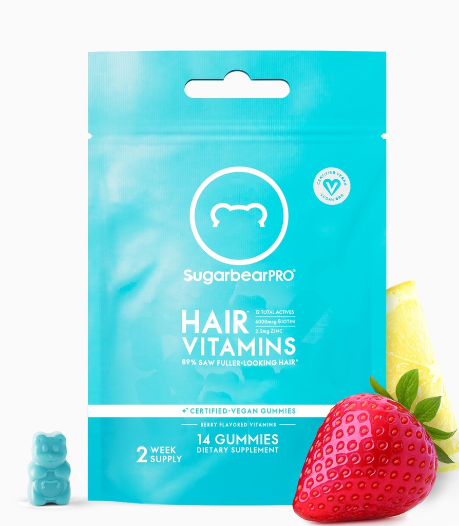 SugarBearPro 머리 비타민 거미 14 일 공급 여분 힘 Biotin 6000mcg, 남자 & 여자를 위한 성장, Vegan 비타민 B12, MSM, Inositol, Omega 3, Elderberry, 증명된 고약, Halal, Cruelty 자유로운