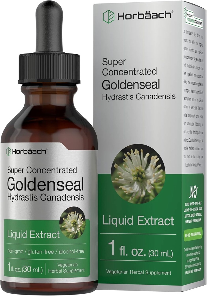 Horbäach Goldenseal Root Tincture | 1 Fl Oz | 액체 추출물 보충 | Hydrastis Canadensis Herb Drop | 알코올 무료 | 채식주의, 비 GMO 및 글루텐 무료