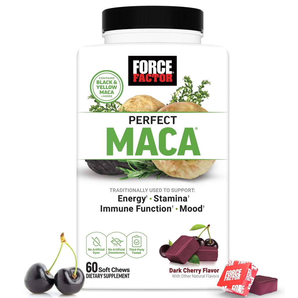 FORCE FACTOR Perfect Maca, Maca Root and DIM Supplement with Saffron to Boost Energy and Mood, Yellow and Black Maca, 비타민, 미네랄 및 산화 방지제, 다크 체리 맛, 60 소프트 체스