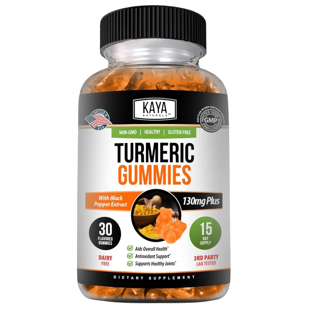 Kaya Naturals Turmeric 보충제 Gummies - 순수한 자연 Turmeric Curcumin -Turmeric Ginger Gummies - 30 Count Gummy - 검은 후추 추출물과 심황